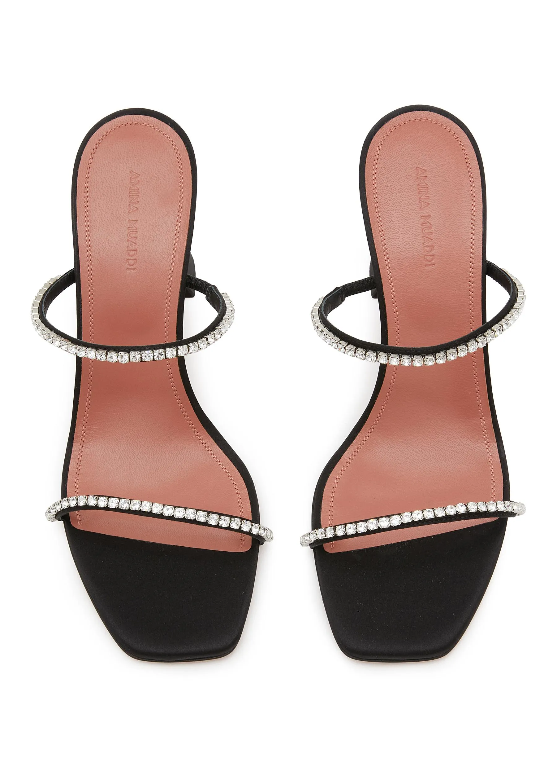 -----------AMINA MUADDI  ---- ------------ ----Gilda 70 Crystal Embellished Satin Heeled Sandals --