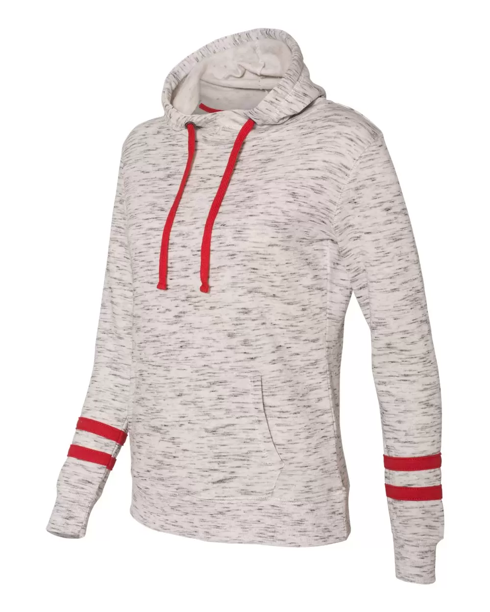 197 8674 Women's Melange Fleece Striped Sleeve Hooded Pullover SKU: 8674