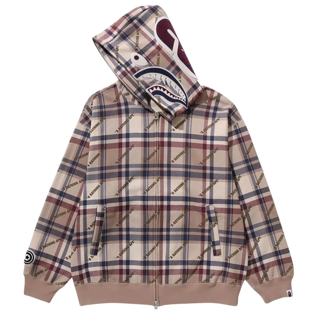 A Bathing Ape Men Logo Check Pattern Shark Full Zip Hoodie (beige)