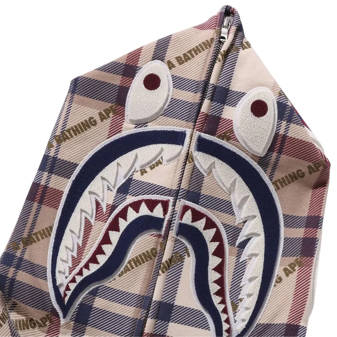 A Bathing Ape Men Logo Check Pattern Shark Full Zip Hoodie (beige)