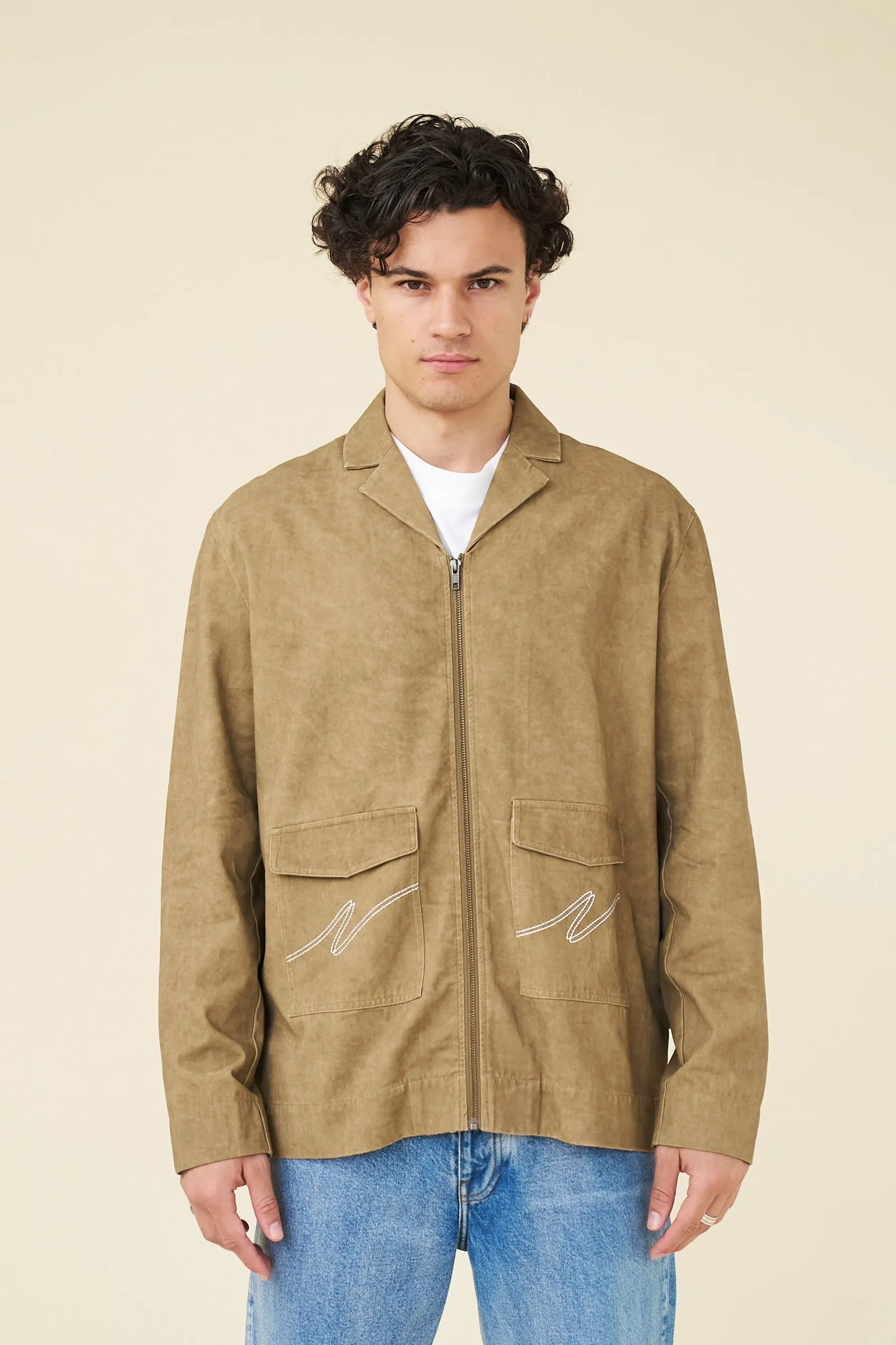 ACID WASH WORKWEAR ZIP UP - BROWN