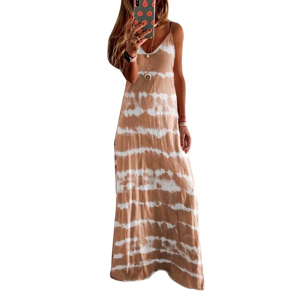 Ashore Shop New Arrival M-5XL Plus Size Women Ladies Casual Loose Sleeveless V Neck Tie Dye Print Long Vest Beach Sling Dress Sp