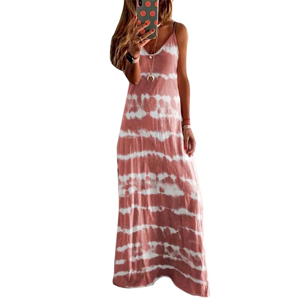 Ashore Shop New Arrival M-5XL Plus Size Women Ladies Casual Loose Sleeveless V Neck Tie Dye Print Long Vest Beach Sling Dress Sp