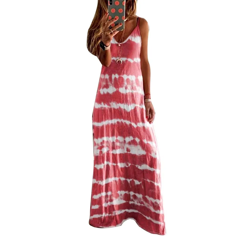 Ashore Shop New Arrival M-5XL Plus Size Women Ladies Casual Loose Sleeveless V Neck Tie Dye Print Long Vest Beach Sling Dress Sp