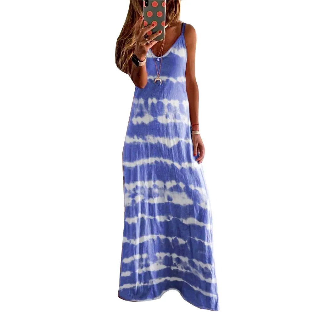 Ashore Shop New Arrival M-5XL Plus Size Women Ladies Casual Loose Sleeveless V Neck Tie Dye Print Long Vest Beach Sling Dress Sp