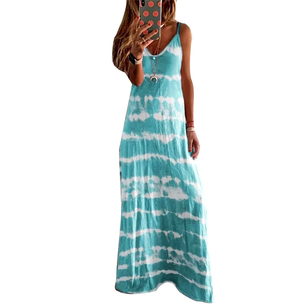 Ashore Shop New Arrival M-5XL Plus Size Women Ladies Casual Loose Sleeveless V Neck Tie Dye Print Long Vest Beach Sling Dress Sp