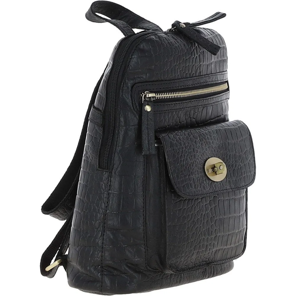 Ashwood Croc Print Leather Mini Backpack Black: L-75