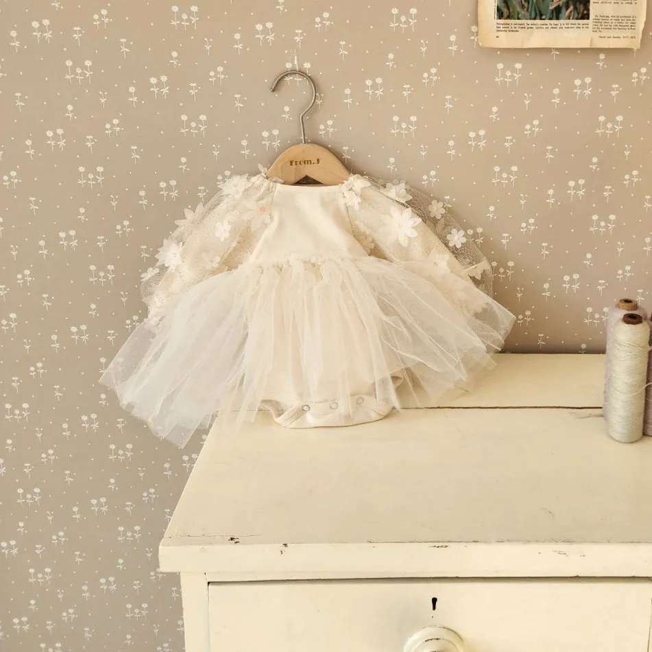 Baby 3D Flowers Puff Sleeve Tutu Dress Romper (3-18m) - Beige