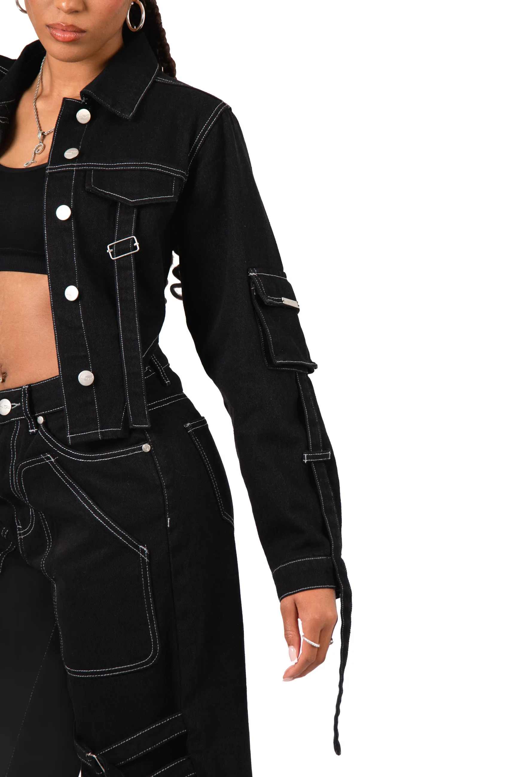 Black Contrast Stitch & Utility Pocket Cropped Denim Jacket