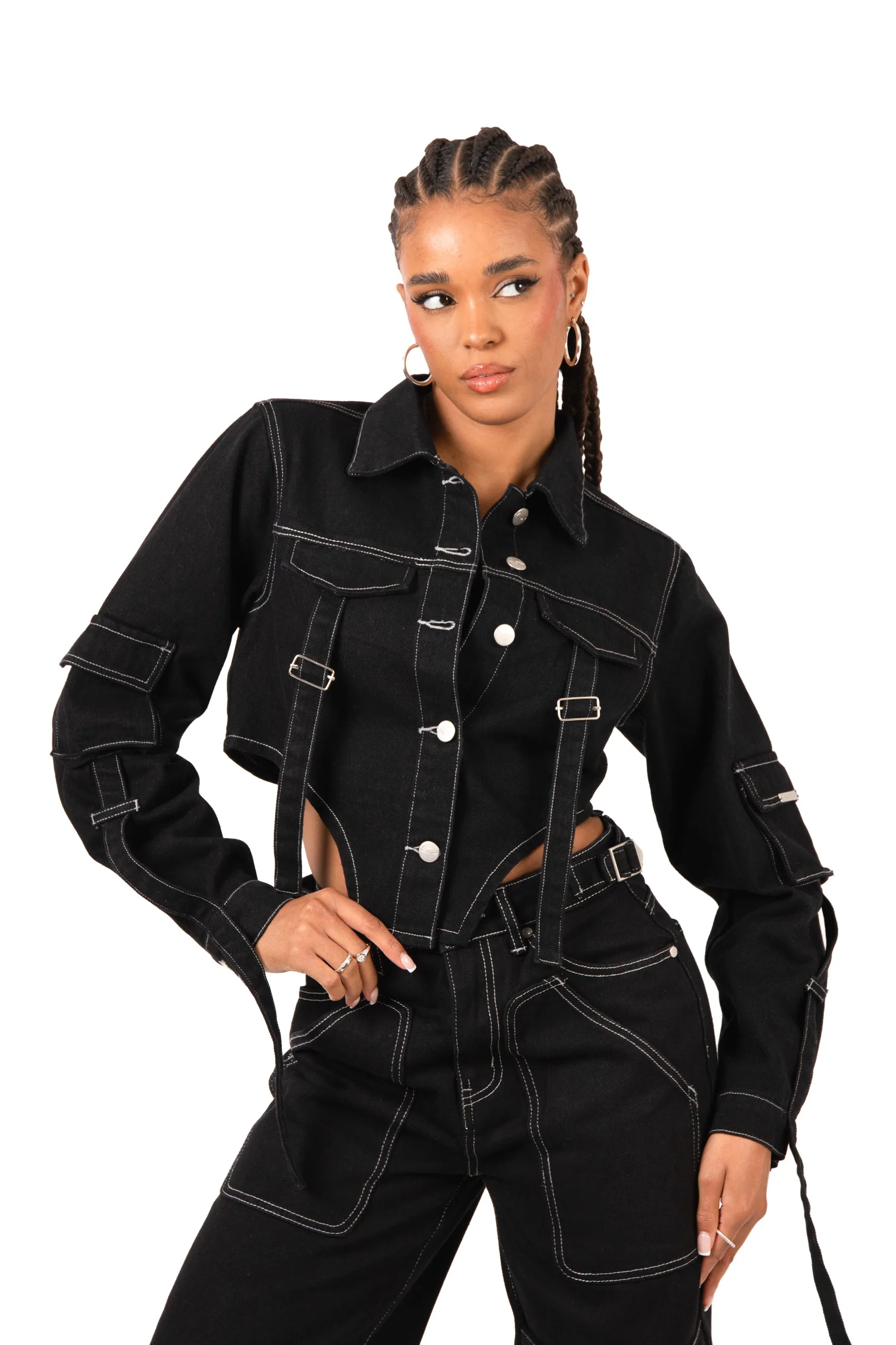 Black Contrast Stitch & Utility Pocket Cropped Denim Jacket