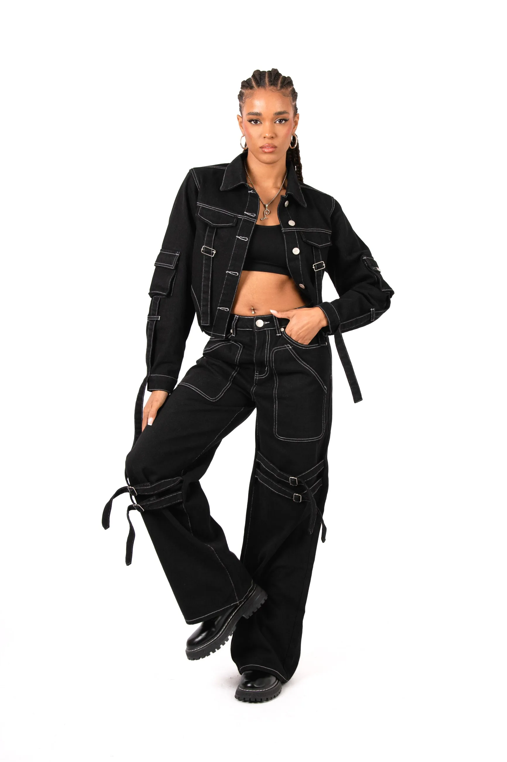 Black Contrast Stitch & Utility Pocket Cropped Denim Jacket