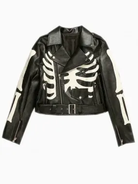 Black Skeleton Cowhide Leather Biker Jacket for Women