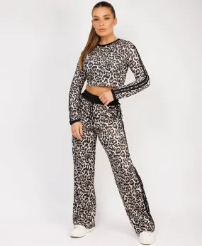 Black Striped Leopard Print Ribbed Crop Top & Trousers Loungewear Set