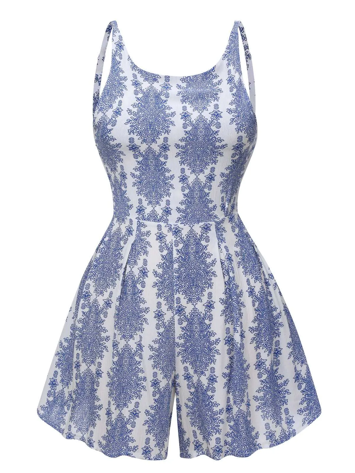 Blue 1950s Strap Print Backless Romper