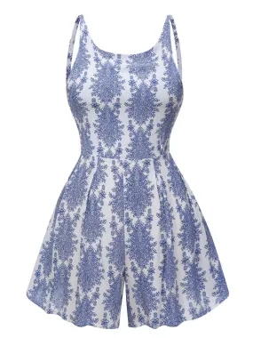 Blue 1950s Strap Print Backless Romper