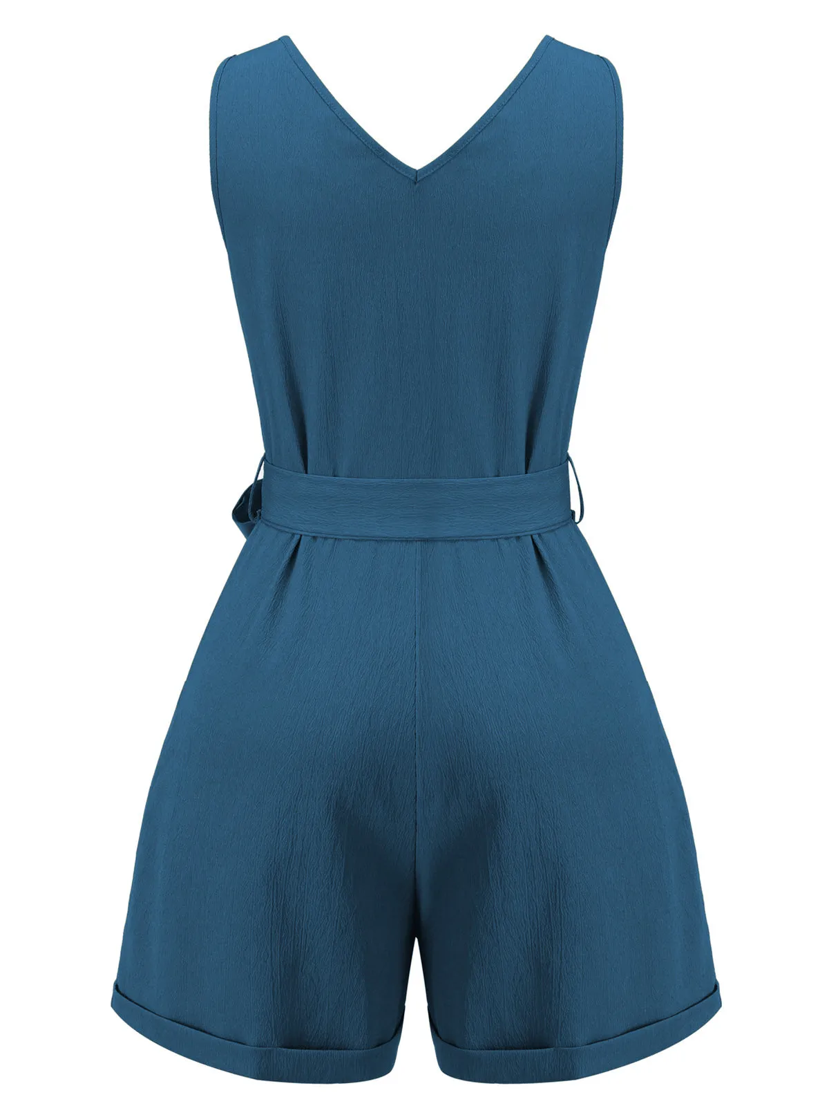 Blue 1950s V-Neck Button Waist Tie Romper