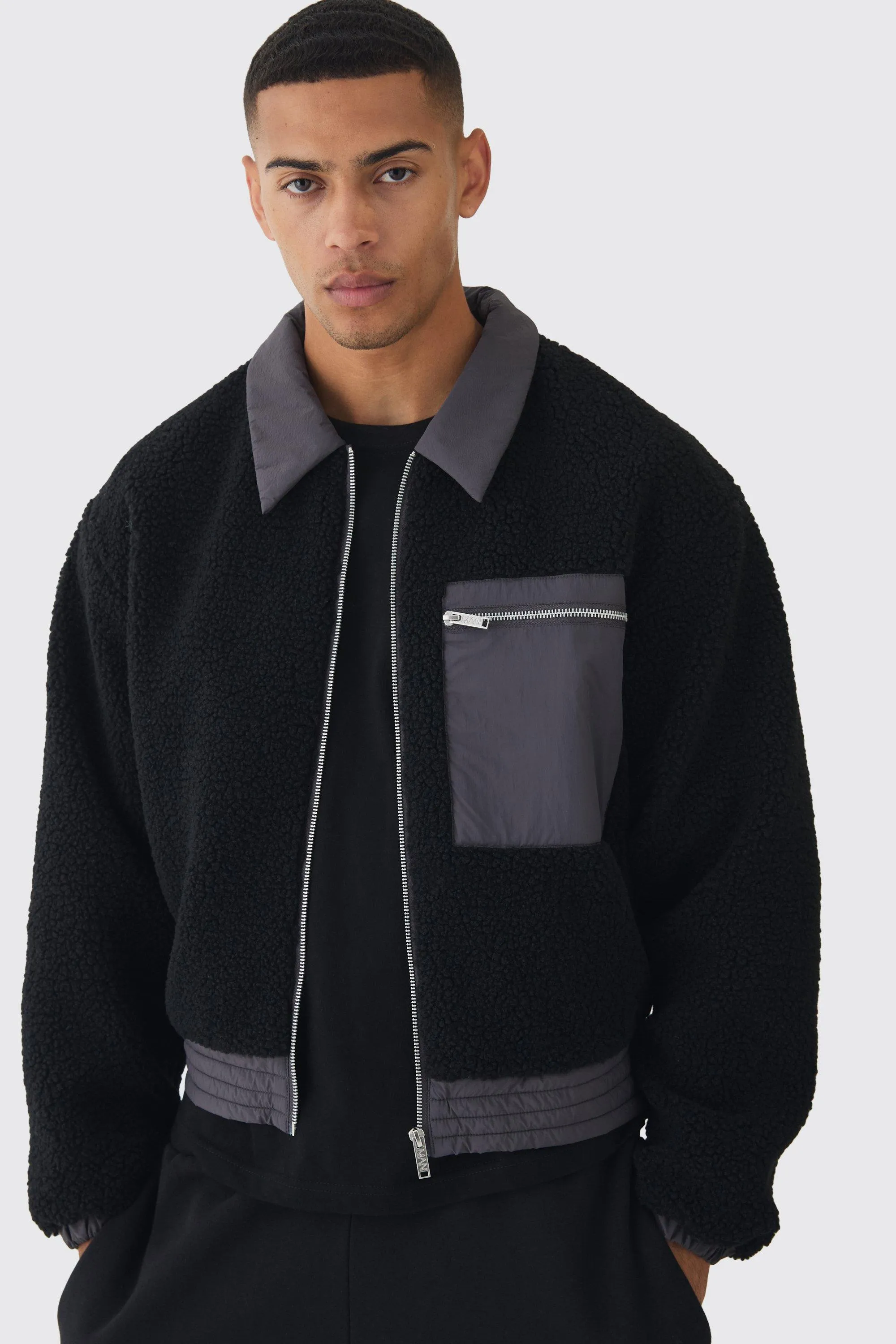 Boxy Borg And Nylon Collared Bomber Jacket In Black