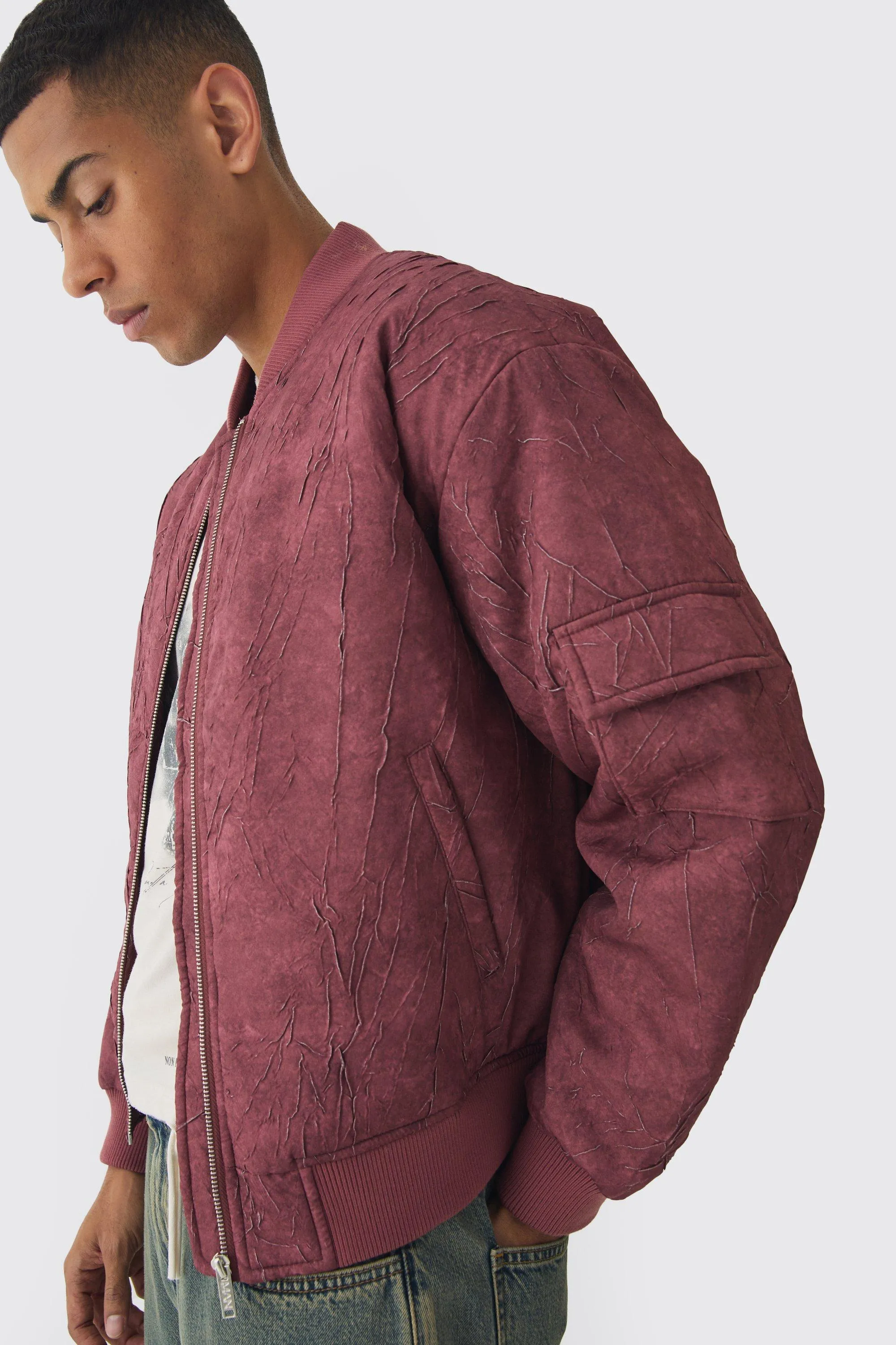 Boxy Crinkle Washed Padded Bomber Jacket In Red