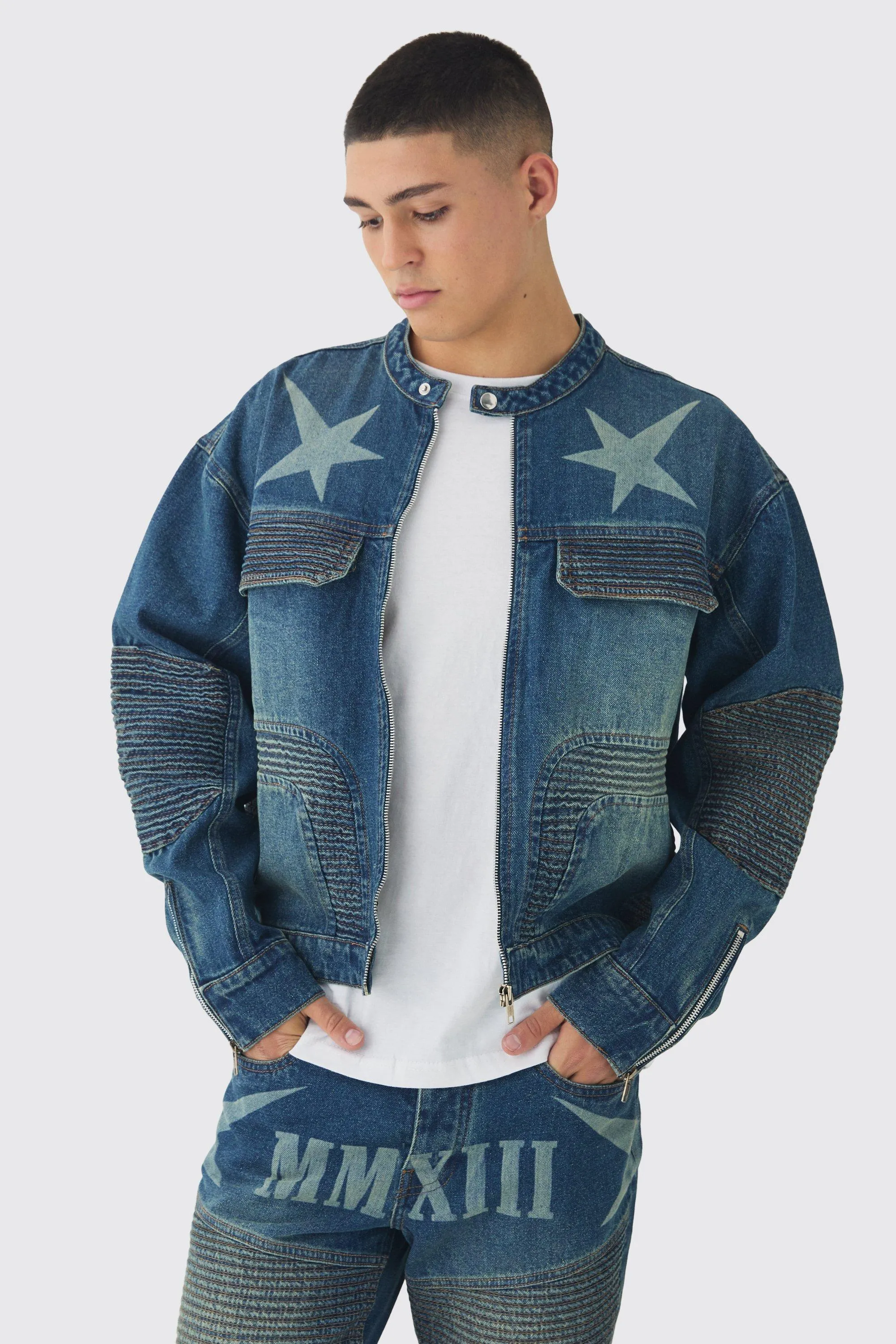 Boxy Denim Moto Star Laser Print Biker Jacket