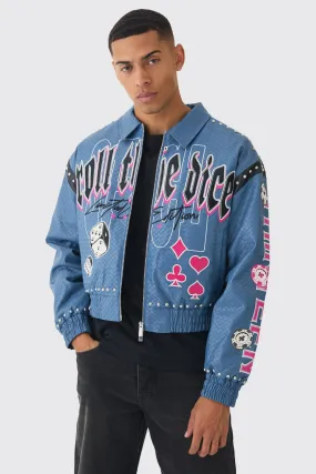 Boxy Dice Weave PU Studded Bomber Jacket In Blue