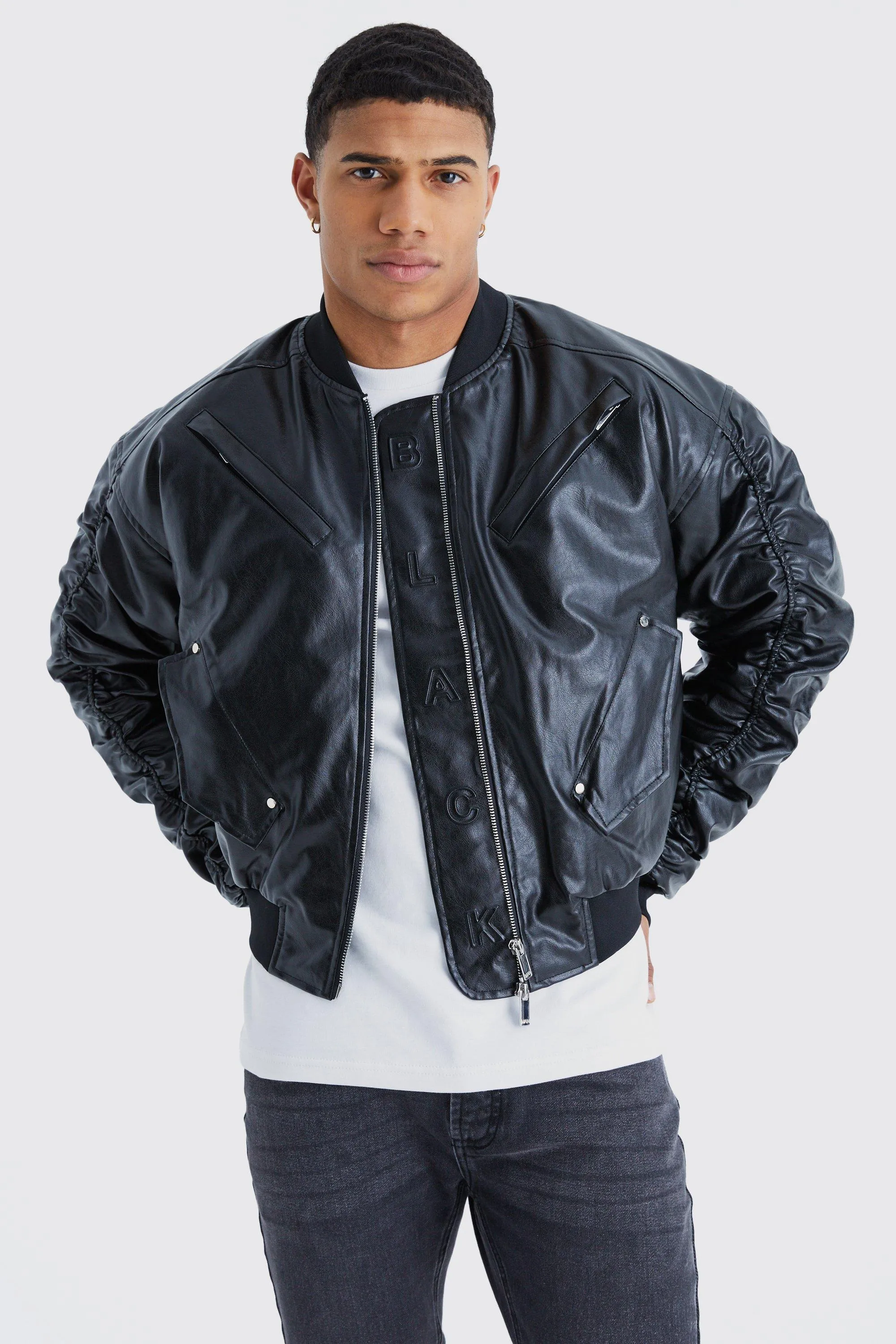 Boxy Embossed Pu Bomber With Ruching