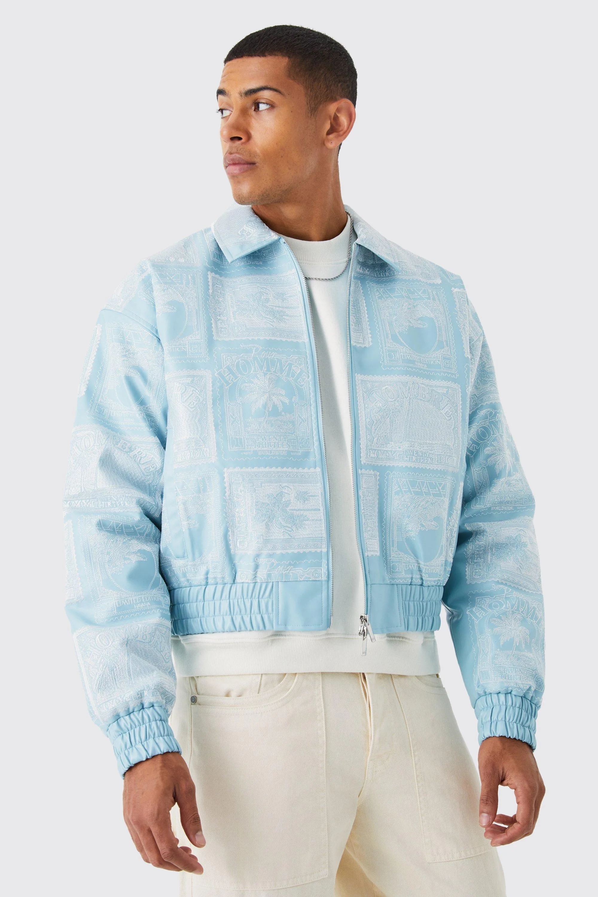 Boxy Heavy Embroidered Pu Collared Bomber