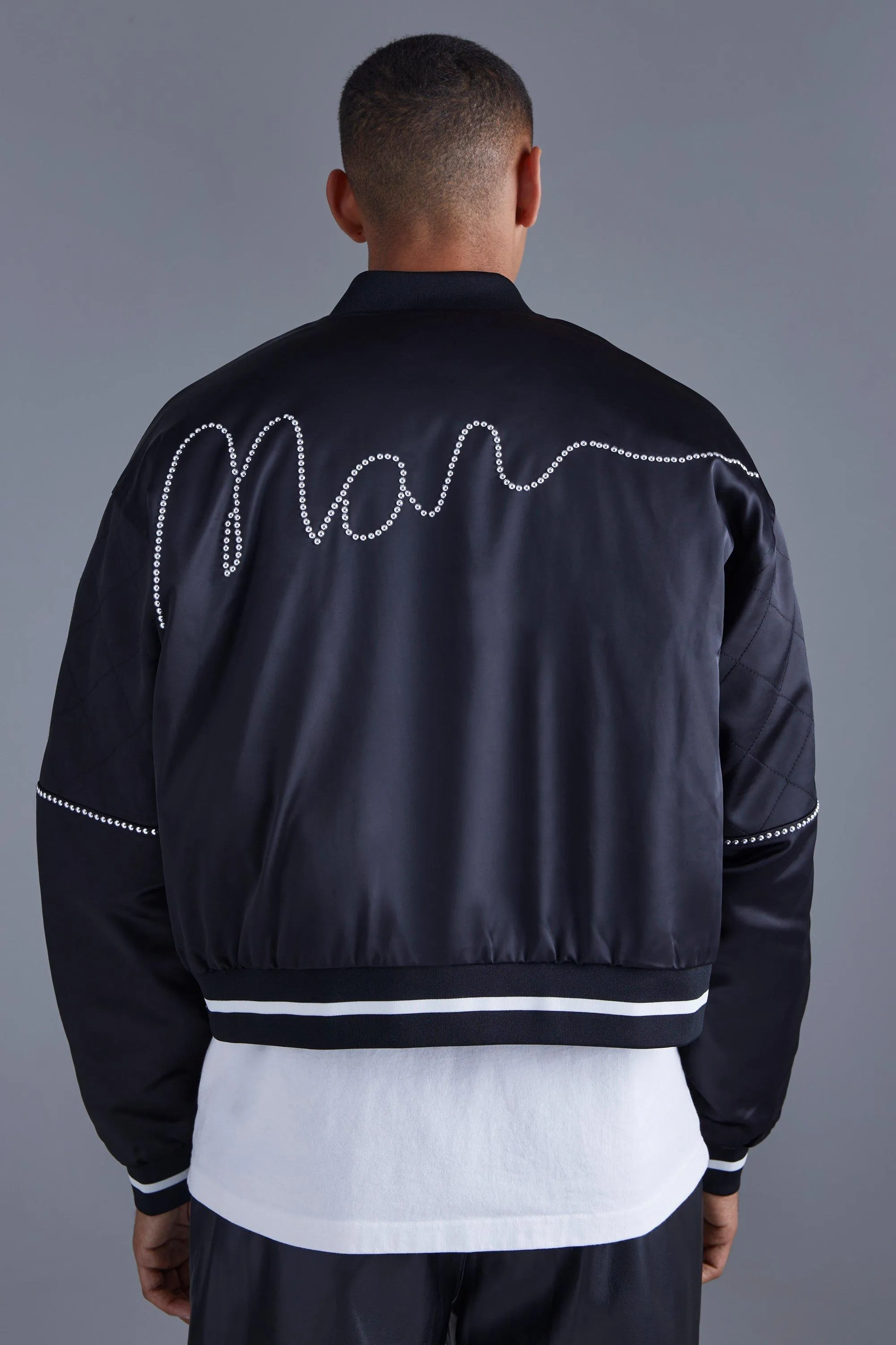 Boxy Quilted Satin Man Studded Bomber