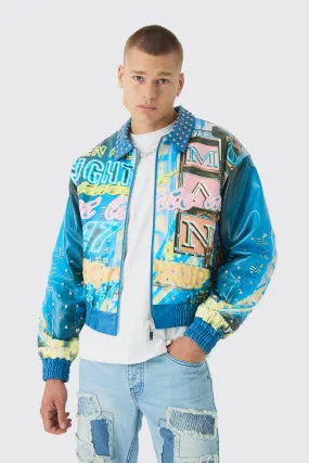 Boxy Stud Detail Printed Collared PU Bomber Jacket In Blue