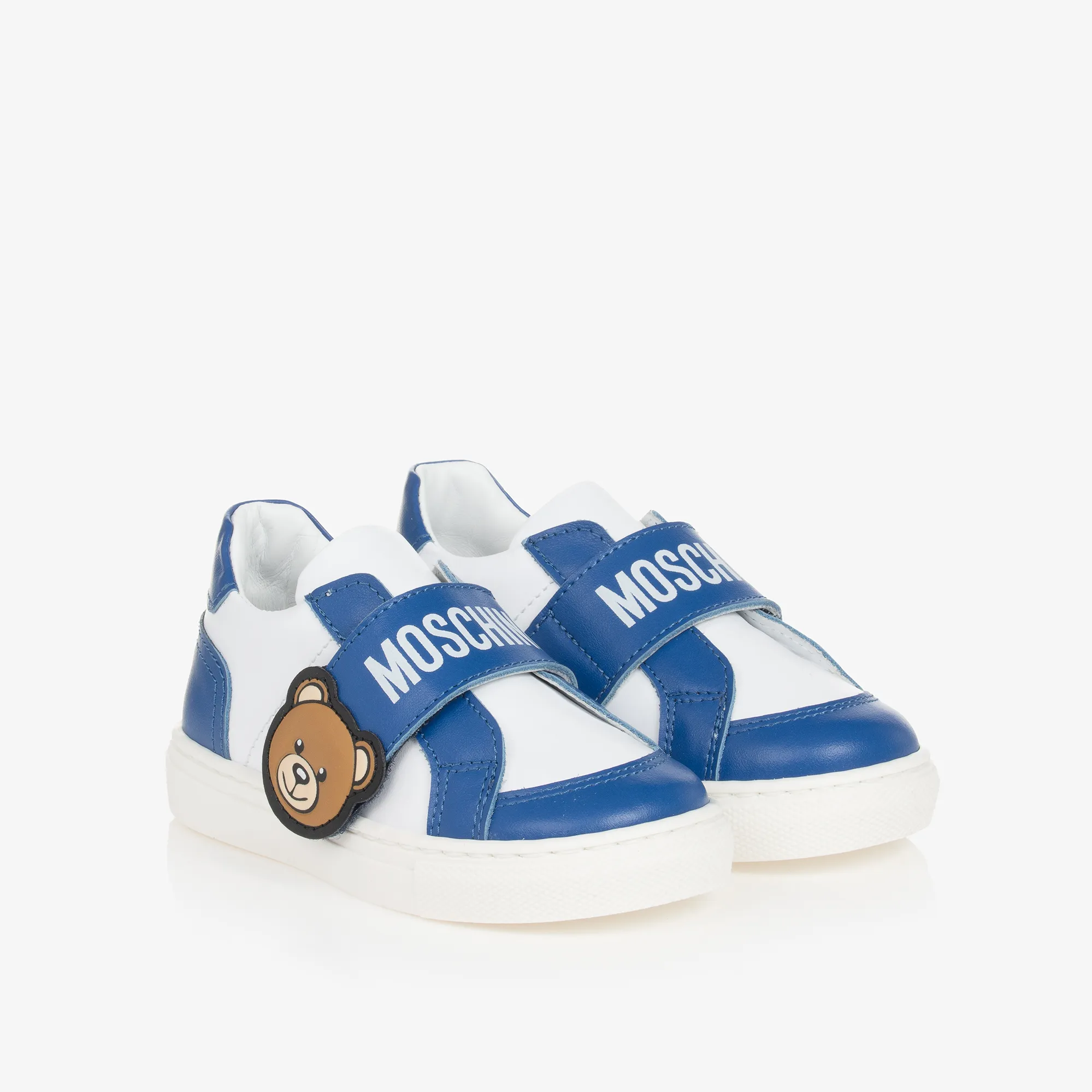 Boys White & Blue Leather Bear Trainers