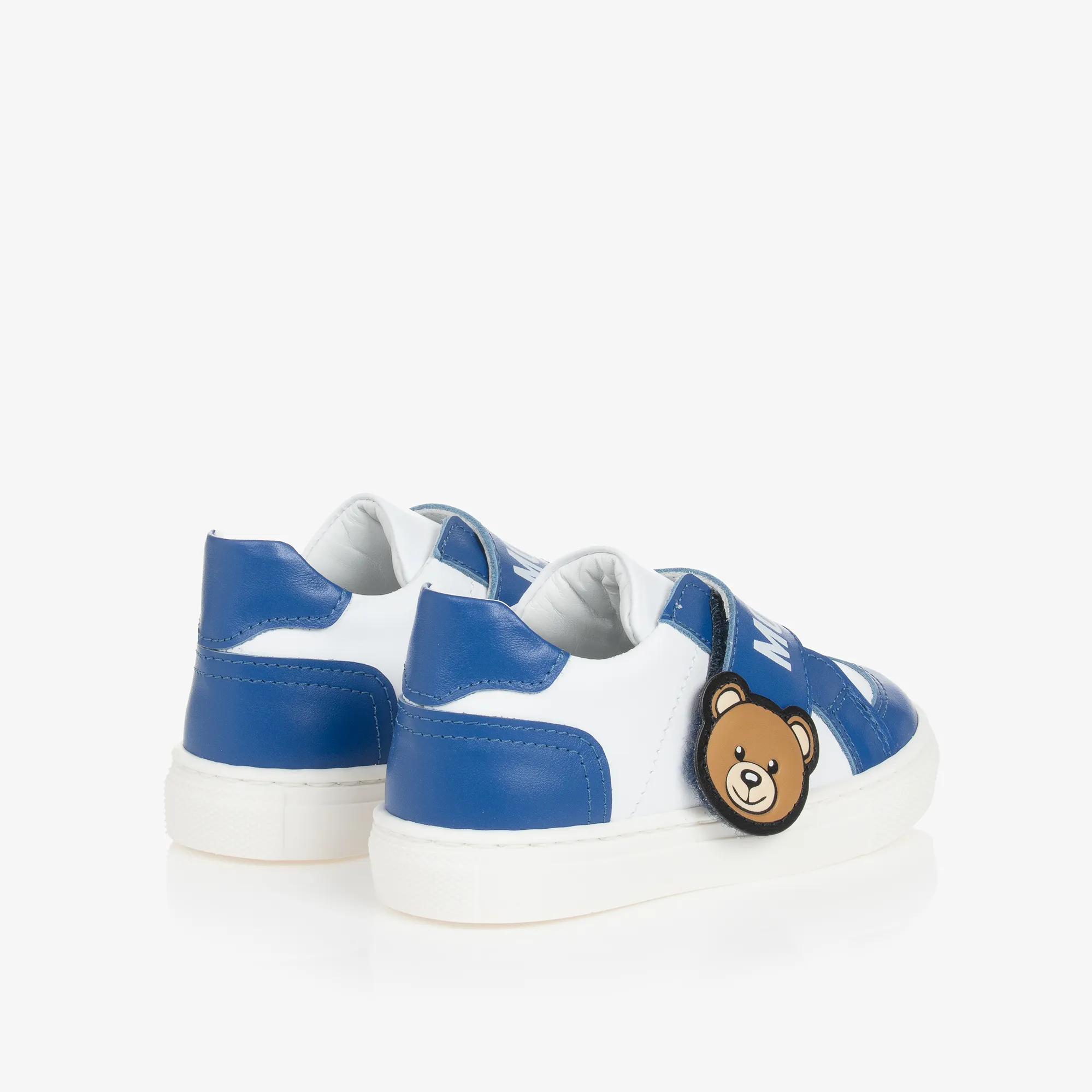 Boys White & Blue Leather Bear Trainers