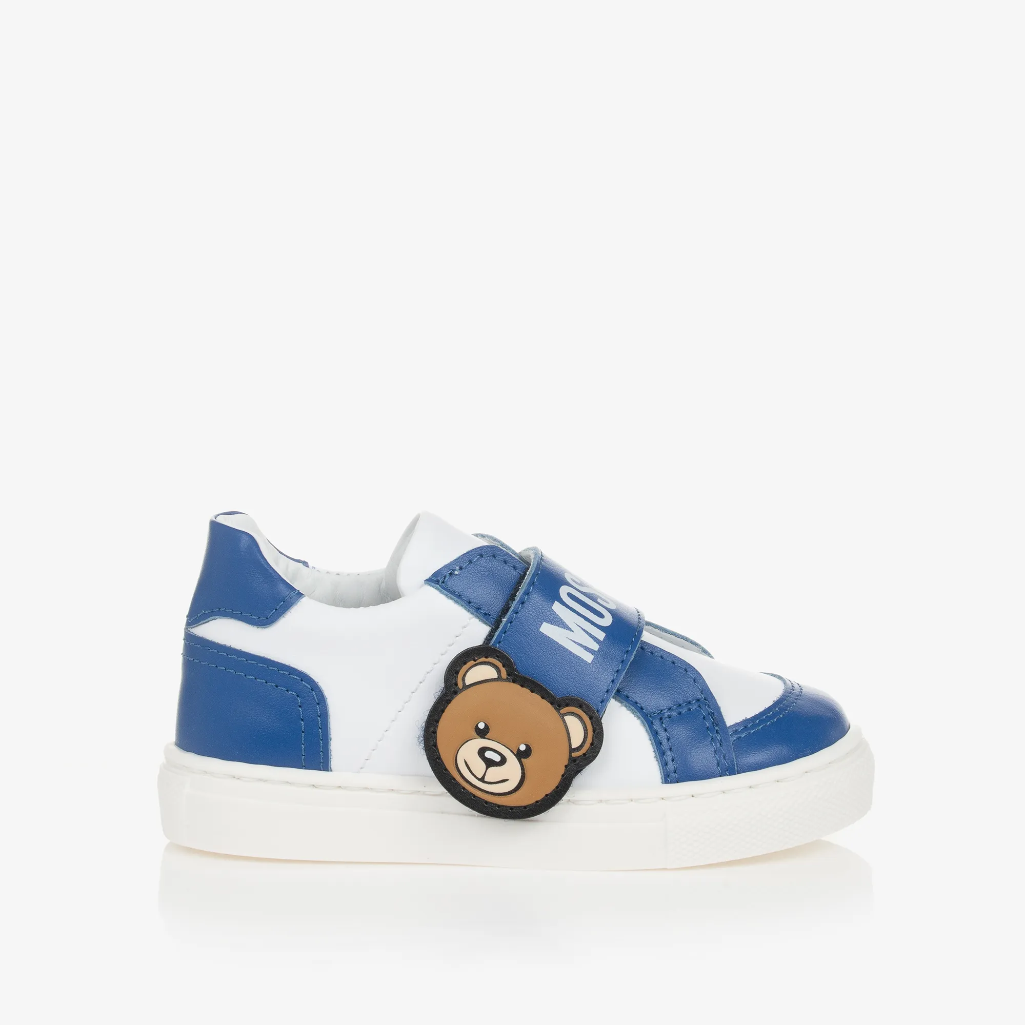 Boys White & Blue Leather Bear Trainers