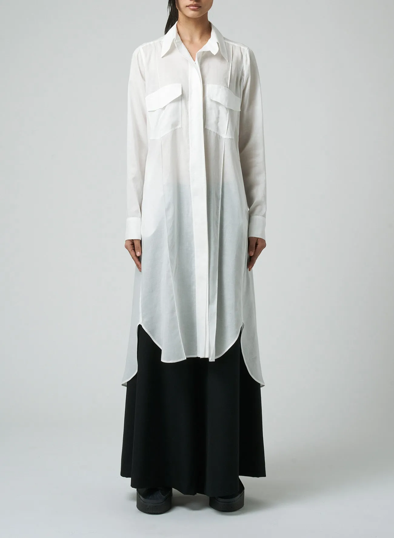 CELLULOSE LAWN WORKWEAR-STYLE LONG SHIRT DRESS