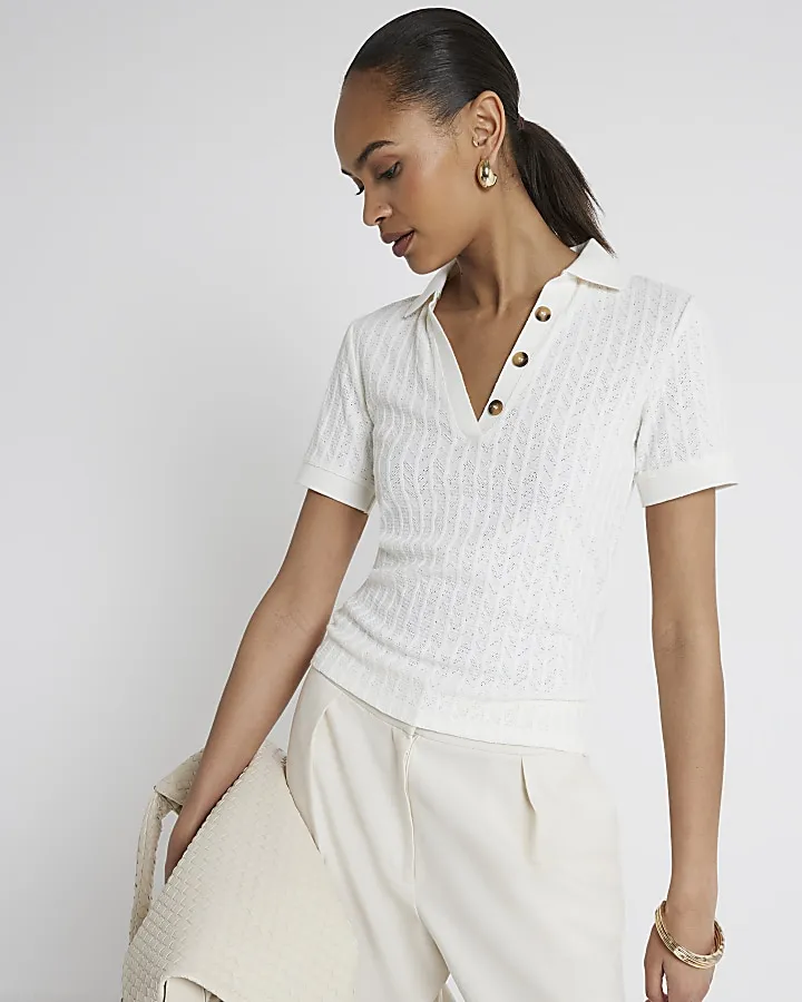 Cream Crochet Polo T-Shirt