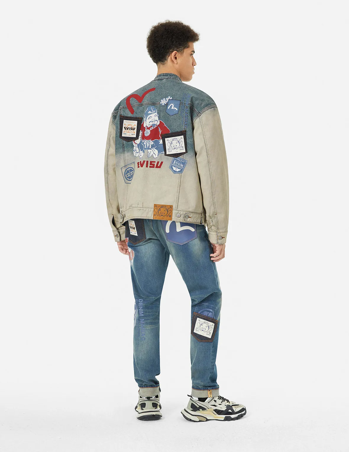 Ebisu Print and Multi-Pocket Loose Fit Biker Denim Jacket