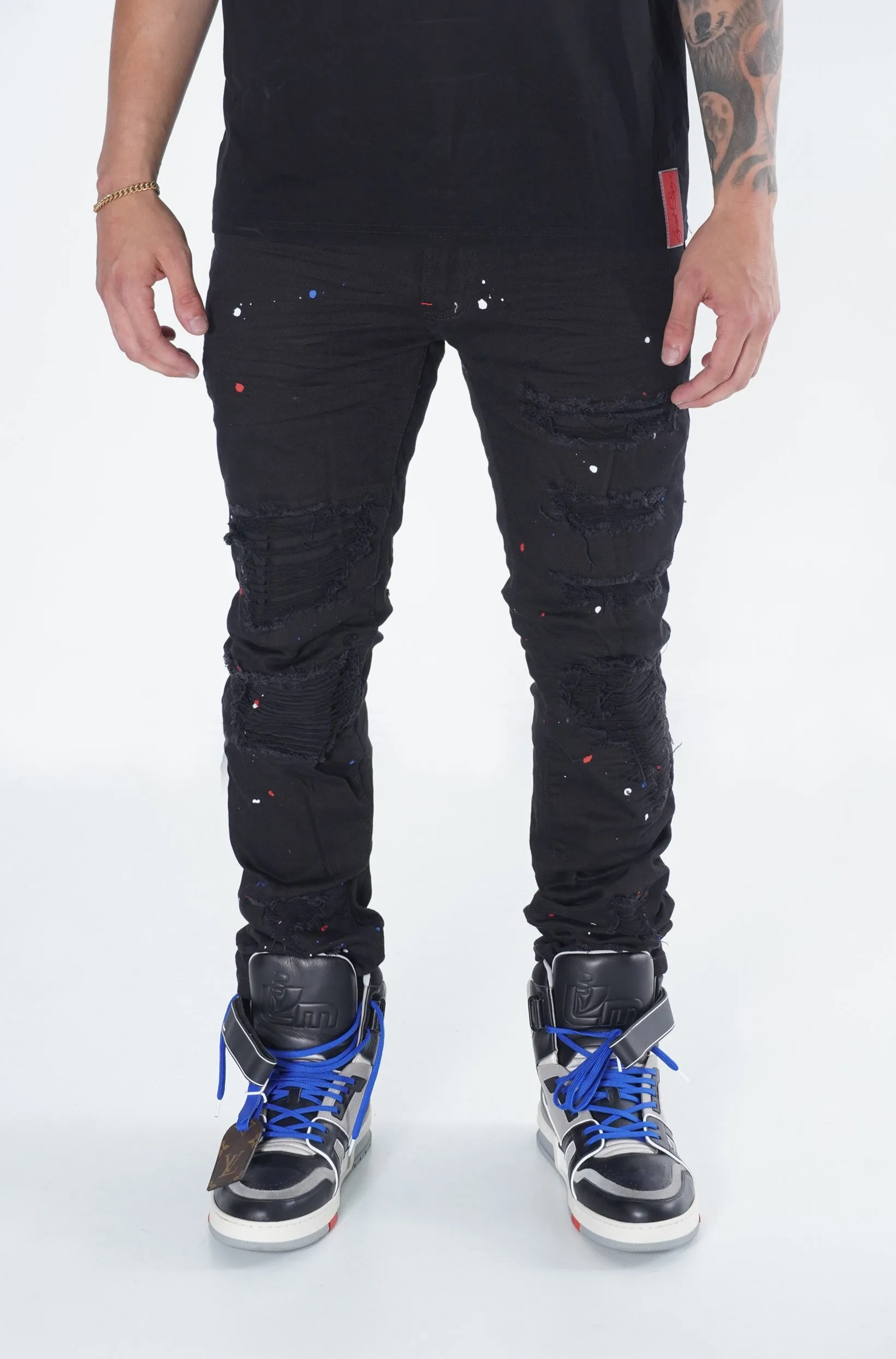 F1778  Frost Shredded Jeans w/ paint - Black