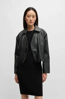 Faux-leather biker-style jacket with signature trims