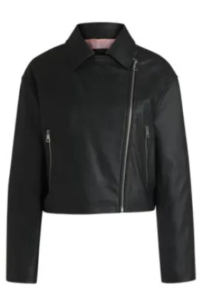 Faux-leather biker-style jacket with signature trims