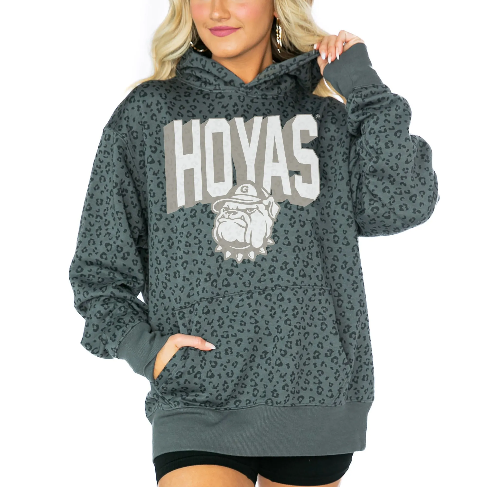 Gameday Couture  Georgetown Hoyas Women's Black Running Wild Leopard Print Pullover Hoodie