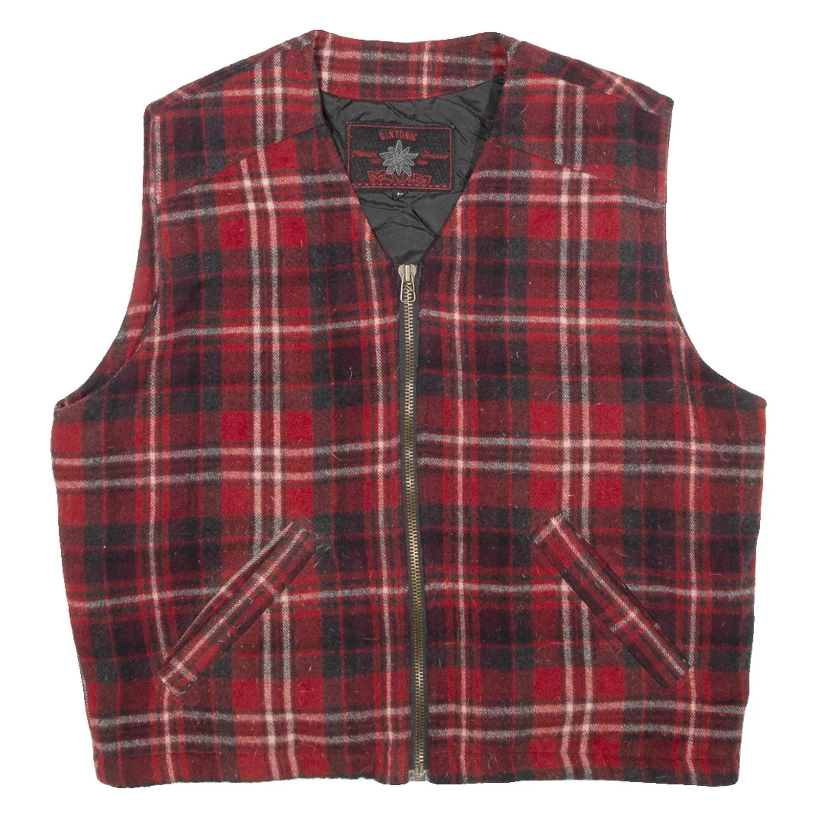 GIN TONIC Womens Quilted Waistcoat Red Wool 90s Plaid M