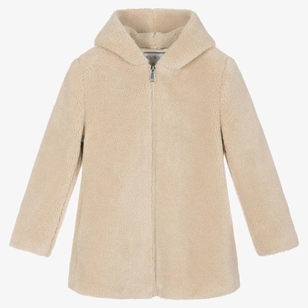 Girls Beige Teddy Fleece Hooded Coat