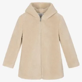 Girls Beige Teddy Fleece Hooded Coat