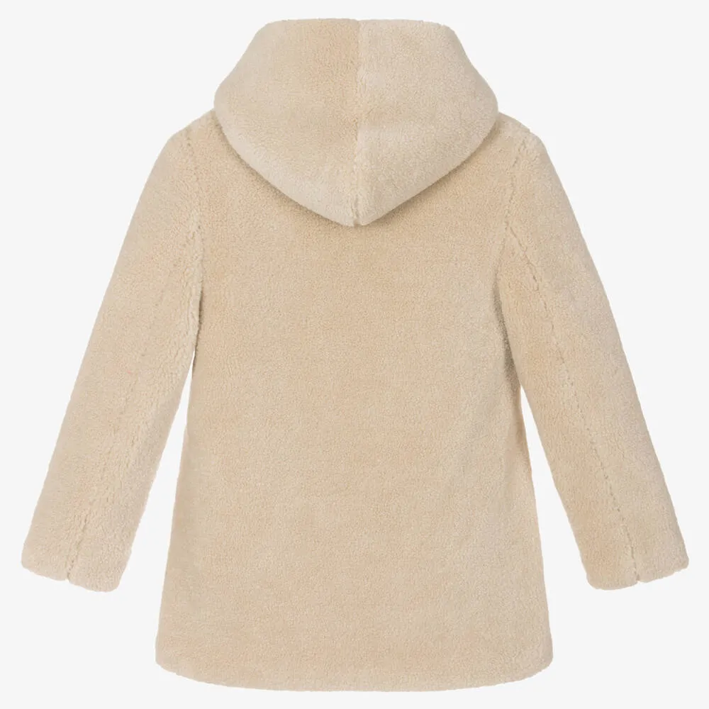 Girls Beige Teddy Fleece Hooded Coat