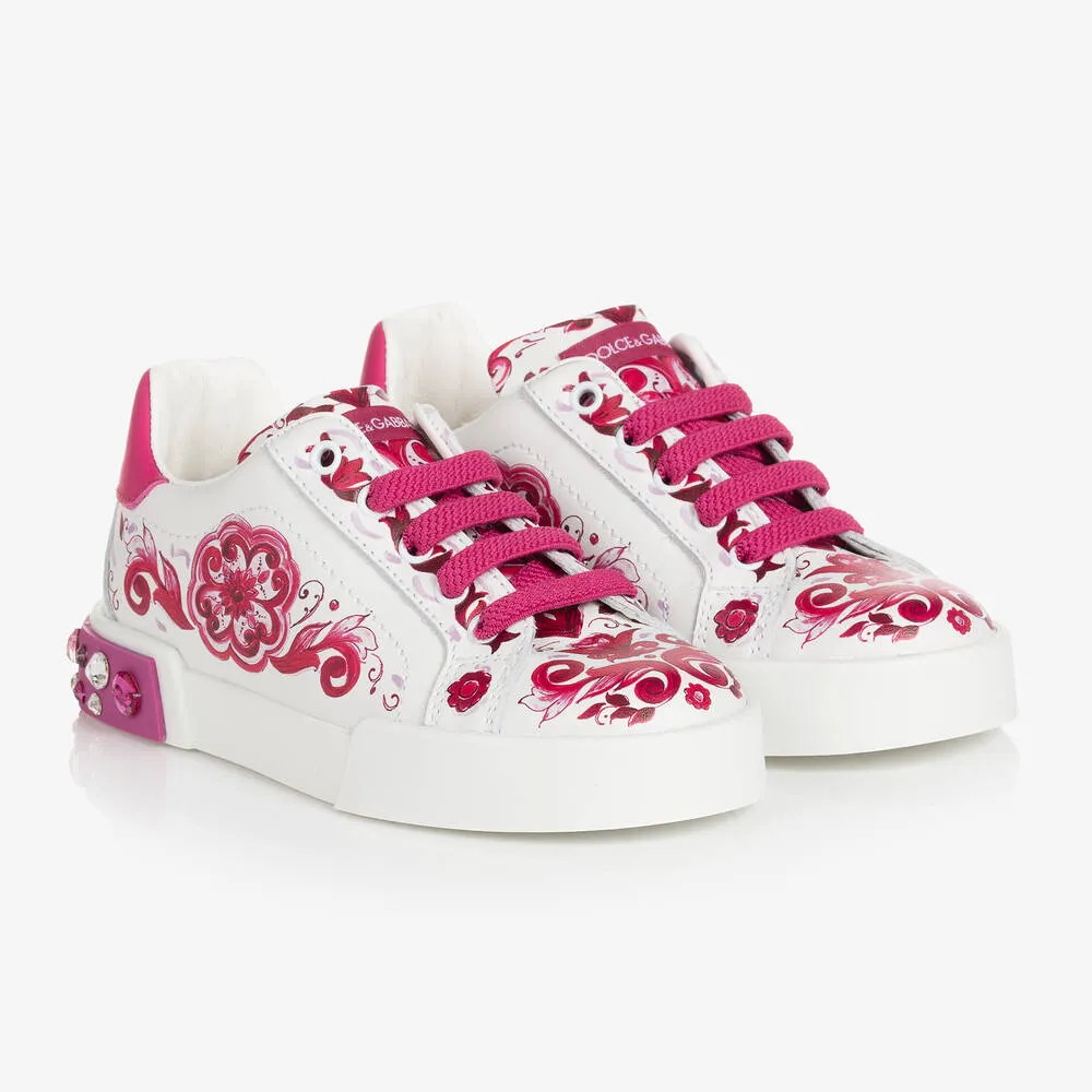 Girls Pink & White Leather Majolica Trainers