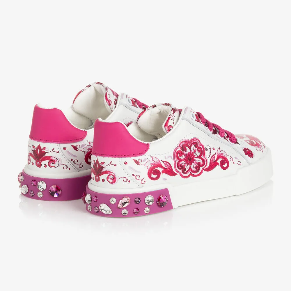 Girls Pink & White Leather Majolica Trainers