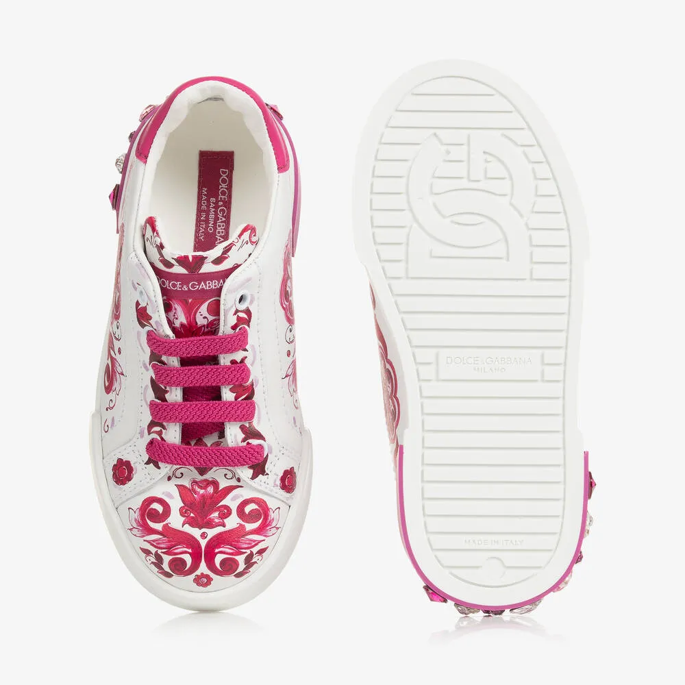 Girls Pink & White Leather Majolica Trainers