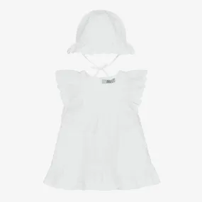 Girls White Cotton Dress & Hat Set