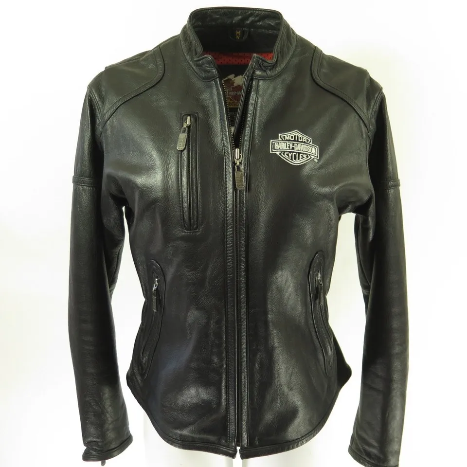 Harley Davidson Black Leather Jacket Womens M Motorcycle Biker Embroidered