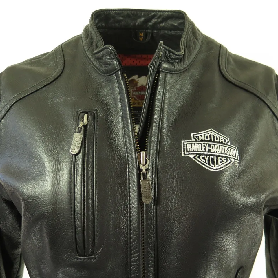 Harley Davidson Black Leather Jacket Womens M Motorcycle Biker Embroidered