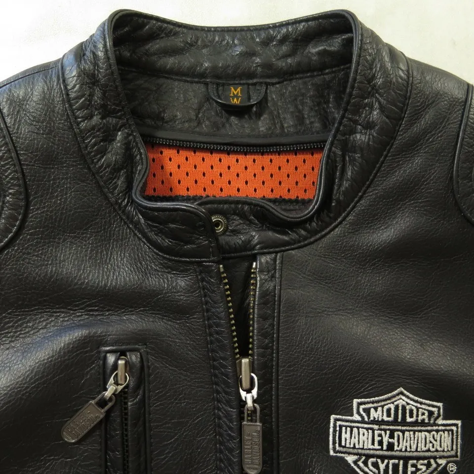 Harley Davidson Black Leather Jacket Womens M Motorcycle Biker Embroidered