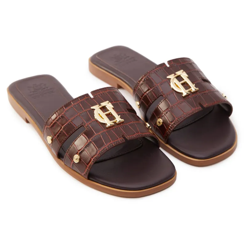 Holland Cooper Monogram Sliders Ladies Sandals - Chocolate Croc